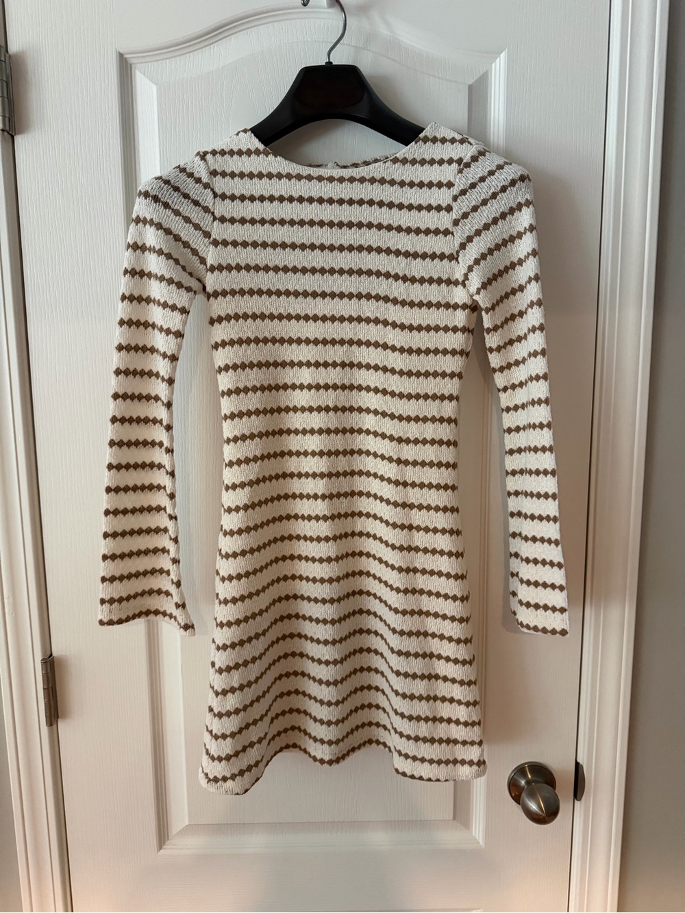 Madden Girl Cream and Brown Striped Knit Long Sleeve Dress